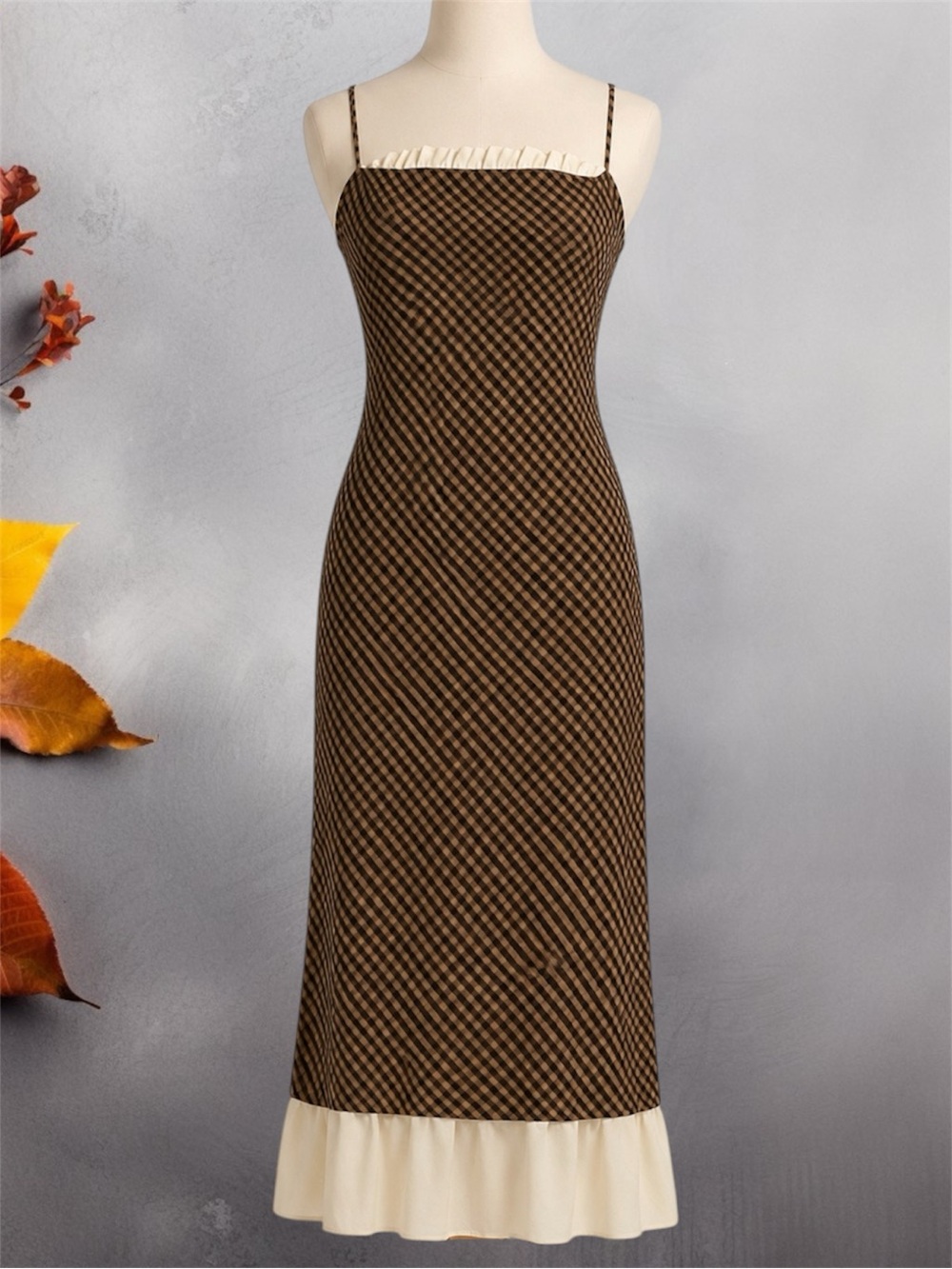 ANTONIO MELANI x Courtney Grow Brown Gingham Midi Dress with Cream Ruffle - Picture 3 of 10